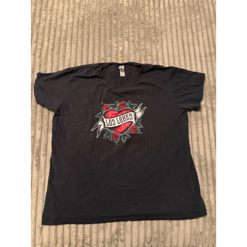Los Lobos Band Graphic T-Shirt Black V-Neck Cotton Tattoo Heart Roses 2XL